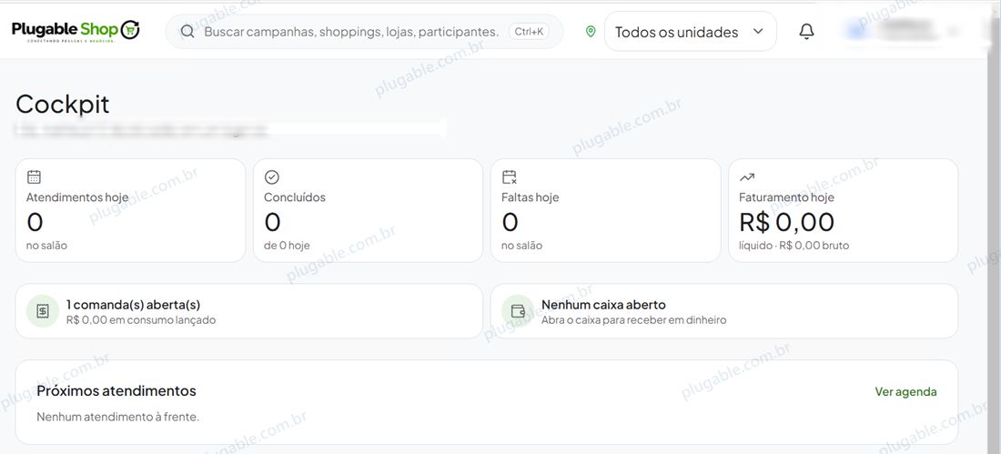 Cockpit do salão no Plugable Shop com atendimentos, faltas, faturamento, comandas e caixa