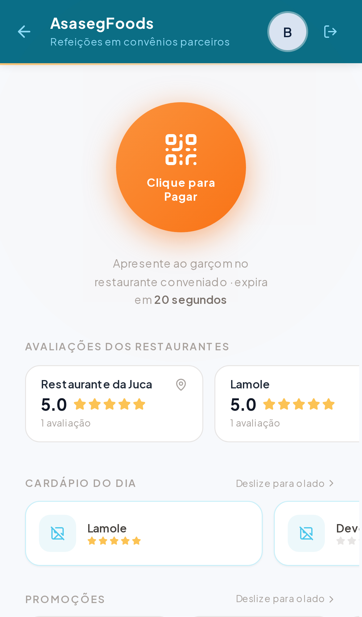Tela do funcionário mostrando o QR Code para pagar a refeição